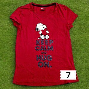Women's  Bold Red Tee with Snoopy Hug Graphic - Timeless College Spirit Look